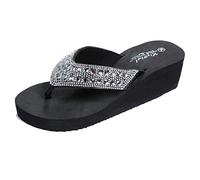 Tacón De Cuña Flip Flops Mujer Verano con Perla Y Rhinestone Wide Fit Plano con Arch Support,Ligera Antideslizante para Caminatas Casual,Vestir Y Actividades Playeras Al Aire Libre.