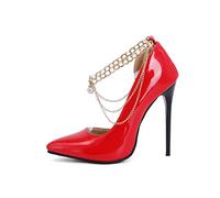 Tacones Altos Damas Stiletto Tacones Altos Hechos a Mano Cadena de Tobillo Pearl Pearl Toe Dames Party Fiest Farty (Rojo, US4.5)
