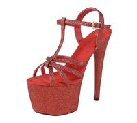 Tacones altos de 17 cm para mujer | Sandalias de plataforma con tiras en el tobillo | Tacones extremos con suela antideslizante para reinas de discotecas y artistas de escenario,Rojo,35 EU