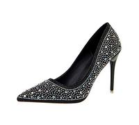 Tacones altos de los pies puntiagudos de 4 pulgadas para mujeres, bombas de tacón de aguja de diamantes de imitación, cómodos zapatos deslizantes para invitados a la boda y vestimenta de graduación