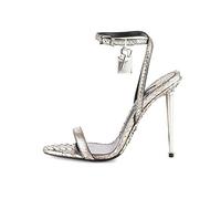 Tacones Candado Dorado Tacón Alto Hebilla de una Sola Palabra Punta Abierta Zapatos de Cuero con tacón Fino Sandalias con Correa en el Tobillo