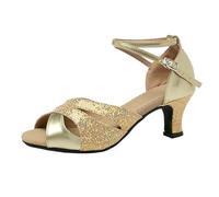 Tacones de mujer con tiras brillantes sin cordones para danza latina, con parte superior perlada y tacón cómodo, Gold, 36 EU