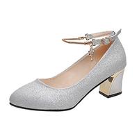 Tacones de pie Wedding Women's Solid High Chunky Fashion Shoes Work Round Women's High Tacons Botín Baile (Silver, 37)