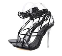 Tacones Sandalias de gladiadores para Mujeres con Clip Cuadrado, Tacones de Vidrio, Cordones, Verano, Schwarz, 8.5 Reino Unido