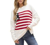 TACSTRUN Bandera Americana suéter Manga Larga Cuello Redondo Suelto Casual Ligero Suave Jersey suéteres de Las Mujeres,Blanca,S