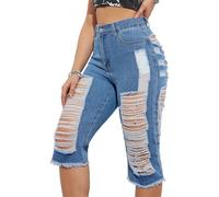 TACSTRUN Capri Jeans para Las Mujeres elástica de Cintura Alta Rasgado Raw hem Skinny Pierna Recta Denim Jeans,Azul,XL