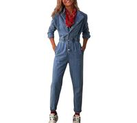 TACSTRUN Casual Manga Larga Denim Mono Cintura Alta Solapa Estiramiento Lavado Slim fit Jeans Rompers,Azul,S