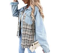 TACSTRUN Chaqueta De Jean De Mosaico A Cuadros De Mujeres,Azul,XL