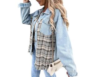 TACSTRUN Chaqueta De Jean De Mosaico A Cuadros De Mujeres,Azul,XL