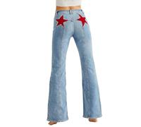TACSTRUN Cintura Alta elástico Bootcut Jeans Holgado Estrella Parche Desgastado Recto Pantalones de Mezclilla de Las Mujeres,Light Blue,S