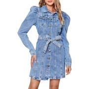TACSTRUN Cintura Alta Manga Larga Solapa Denim Vestido botón Encaje hasta túnica Jean Vestidos de Las Mujeres,Azul,L