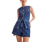 TACSTRUN Conjunto de mezclilla para mujer, chaleco de mezclilla sin mangas de negocios informal, tops y pantalones cortos, traje de mezclilla de 2 piezas, chándales,Azul,L