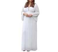TACSTRUN Las Mujeres Plus Size Maxi Vestido Elegante Mangas largas V-Cuello Cintura-Longitud sin Espalda Plisado Flowy Vestidos de cóctel,Blanca,L