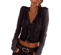 TACSTRUN Ligero Cárdigan suéter Casual Manga Larga Recortado botón Bordado Punto Frente Abierto suéter de Las Mujeres,Negro,M