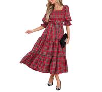 TACSTRUN Maxi Vestido de Navidad Cuadrado Cuello a Cuadros Smocked Belted 3/4 Manga Trompeta una línea Vestidos de Fiesta Largos,Rojo,S