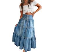 TACSTRUN Moda de la Mujer de Cintura Alta Denim Midi Faldas Boho Botones Delgado Flowy Capas Empalme Jean una línea Falda,Azul,XL