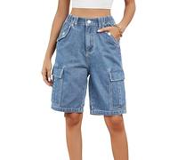 TACSTRUN Pantalones Cortos De Las Mujeres Jean Elástico Cintura Loose Fit Pierna Recta Denim Corto 2024 Trendy Cargo Bermuda,Azul,XL