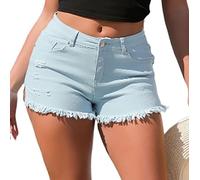 TACSTRUN Pantalones Cortos De Mezclilla De Las Mujeres De Talle Alto Rasgado Stretchy Jeans Corto Distressed Frayed Hem Denim Hot Short,Azul,L