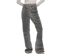 TACSTRUN Vaqueros con Estampado De Leopardo para Mujer Pantalones Vaqueros De Cintura Alta Y Pierna Recta Vaqueros Vintage Y2K Streetwear,Gris,L