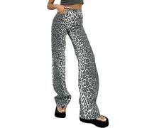 TACSTRUN Vaqueros con Estampado De Leopardo para Mujer Pantalones Vaqueros De Cintura Alta Y Pierna Recta Vaqueros Vintage Y2K Streetwear,Multi Colored,S