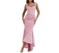 TACSTRUN Vestido De Corsé De Las Mujeres Sexy Tubo Superior Espagueti Correa Midi Vestido Bajo Corte Floral Flácido Plisado Dobladillo Vestidos Formales,Rosado,M