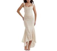 TACSTRUN Vestido De Corsé De Las Mujeres Sexy Tubo Superior Espagueti Correa Midi Vestido Bajo Corte Floral Flácido Plisado Dobladillo Vestidos Formales,Beige,L