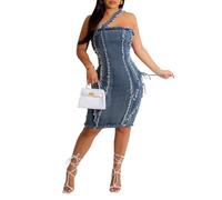 TACSTRUN Vestido de Mezclilla elástico Sexy de Las Mujeres de Cintura Alta Tubo Superior Hueco Encaje hasta Borde Crudo Mini Vestido de Abrigo,Azul,XL