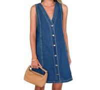 TACSTRUN Vintage Denim Chaleco Vestido sin Mangas V-Cuello Botones Suelto una línea Midi Jean Vestido de Las Mujeres,Azul,M