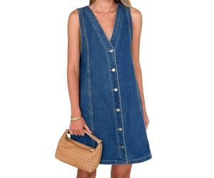 TACSTRUN Vintage Denim Chaleco Vestido sin Mangas V-Cuello Botones Suelto una línea Midi Jean Vestido de Las Mujeres,Azul,XL