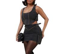 TACSTRUN Vintage Stretch Denim Conjunto Tachonado Crop Top y Cintura Alta Falda de Bolsillo Traje de Dos Piezas,Negro,XXL