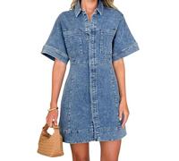 TACSTRUN Vintage Suelta Vestido de Mezclilla Manga Corta Solapa Botones Desgastado Lavado Midi Jean Vestido,Azul,M