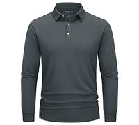 TACVASEN - Camisas polo para hombre de manga larga, secado rápido, camisetas para correr, golf y trabajo transpirables con 3 botones, gris oscuro, M