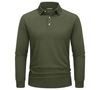 TACVASEN Polo para Hombre de Manga Larga para Golf, de Secado Rápido, Camisas Funcionales, Ligeras, con Cuello de 3 Botones, Verde militar., M