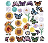 TACVEL 35 parches bordados para planchar, girasoles, mariposas, margaritas, flores, parches para planchar, para ropa, vestido, sombrero, jeans, accesorios de bricolaje
