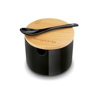 Tadar Azucarero con cuchara de cerámica 350 ml Recipiente de sal con tapa de madera y cuchara Recipiente de cocina de cerámica para especias pimienta negra
