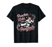 Taekwondo Girl Cinturón Negro Golpes Kicks Colas De Caballo Karate Camiseta