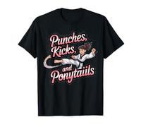 Taekwondo Girl Cinturón Negro Golpes Kicks Colas De Caballo Karate Camiseta
