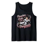 Taekwondo Girl Cinturón Negro Golpes Kicks Colas De Caballo Karate Camiseta sin Mangas
