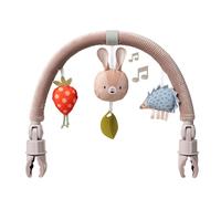 Taf Toys Arco musical de conejito para cochecito. Arco de viaje de actividades con 3 juguetes sensoriales para colgar. Barra de juguetes para cochecitos y asientos de coche. Clips ajustables grandes