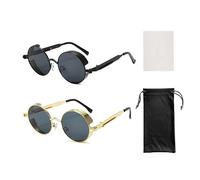 TAFACE 2 gafas de sol redondas retro, 1 paño para gafas, 1 bolsa de almacenamiento para gafas, gafas de sol punk, adecuadas para compras, fiestas, conducción (negro, oro), negro y dorado