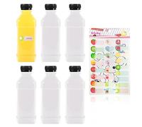 TAFACE - Juego de 6 botellas de jugo transparentes, 1 pegatina de fruta, contenedor de bebida de 250 ml, botella de PET con tapa, botella transparente reutilizable, leche, jugo (tapa negra)
