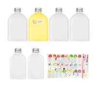 TAFACE Lote de 6 botellas de jugo transparentes (100 ml + 200 ml) 1 pegatina de fruta, recipiente de bebida plana, botella de bebida vacía con tapa de aluminio, botella plana transparente.
