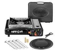 Taffstyle 2 en 1 LPG Conector Gas Camping Hornillo de Gas Hornillo de Gas Outdoor BBQ Grill Hornillo de emergencia Camping Herd 1 fogón maletín cortavientos cartuchos de gas botellas de gas negro