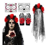 Tag der Kostüm | Elegantes Schleier-Kopfschmuck-Set | Mexikanisches Festival-Accesorire für Frauen und Erwachsene | Gothic-Rosenschädel-Design | Perfekt für Halloween, Cosplay, Parade, Mascarade