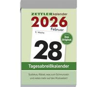 Tagesabreißkalender L 2026 - 6,6x9,9 cm - 1 Tag auf 1 Seite - mit Sudokus, Rezepten, Rätseln uvm. auf den Rückseiten - Bürokalender 304-0000