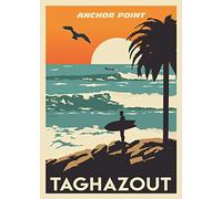 Taghazout - Póster de surf con punto de ancla de Marruecos, póster de pueblo Taghazout, póster de viaje de surf, regalo, decoración del hogar, baño, letrero de metal, 8 x 12 pulgadas