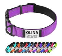 TagME Personalizado Nylon Collares para Perros, Ajustable Reflectante Collar Perro con Acolchados, Etiqueta de Acero Inoxidable Nombre Grabado y Número de Teléfono, Morado