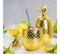 Tagtight Paquete de 2 Vasos para Bebidas de Piña, Vaso de Piña Dorado de 450 Ml con Pajita Estirada, Vasos para Fiesta de Luau Hawaiano