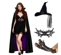 TAGVO Disfraz de Bruja 4 Piezas, Accesorios de Disfraz de Bruja de Halloween con Sombrero de Bruja, Capa Halloween, Máscara de Bruja, Guantes, Halloween Cosplay para Fiestas de Fiestas de Carnaval