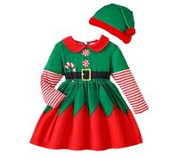 TAGVO Disfraz de Elfo de Navidad para Niños, Vestido de Fiesta de Manga Larga con Falda Navideña para Niñas con Sombrero, Conjunto de Disfraz y Vestuario para Cosplay 18 Meses a 6 Años